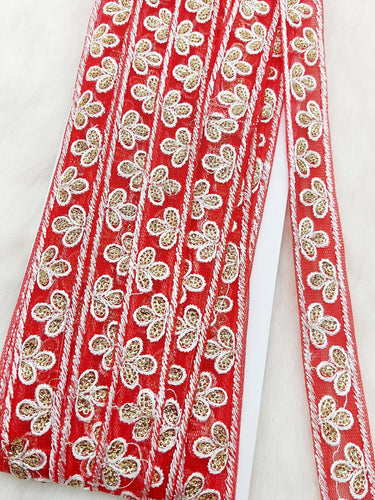 Wholesale Red Net Lace Floral Embroidery & Glitter Gold Sequins, Indian Wedding Border, Gifting Ribbon Costume Trim Fashion Trimming